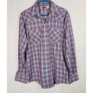 Vintage Big Mac blue red plaid snap button shirt size Med Tall Western Casual